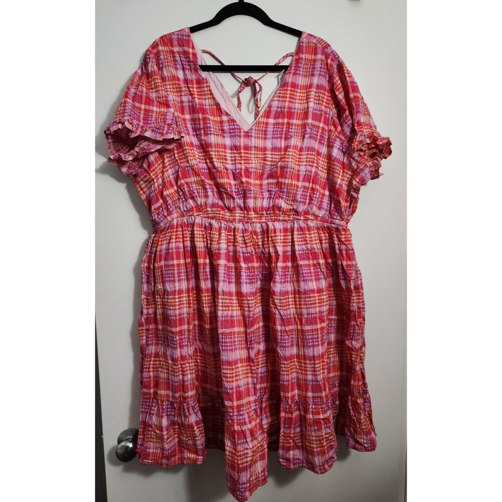 Terra & Sky Womens Sz 4X Tiered Babydoll Dress Gingham Plaid Pink Orange Cotton